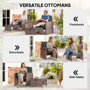 5 Piece Patio Furniture Set, Wicker Patio Chairs with Ottomans, 2-Tier Glass Coffee Table and Cushions, Brown/Dark Grey