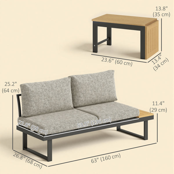3 Pieces Aluminum Corner Patio Furniture Set Sectional Outdoor Sofa Set with 2 Loveseats Wood-Plastic Coffee Table