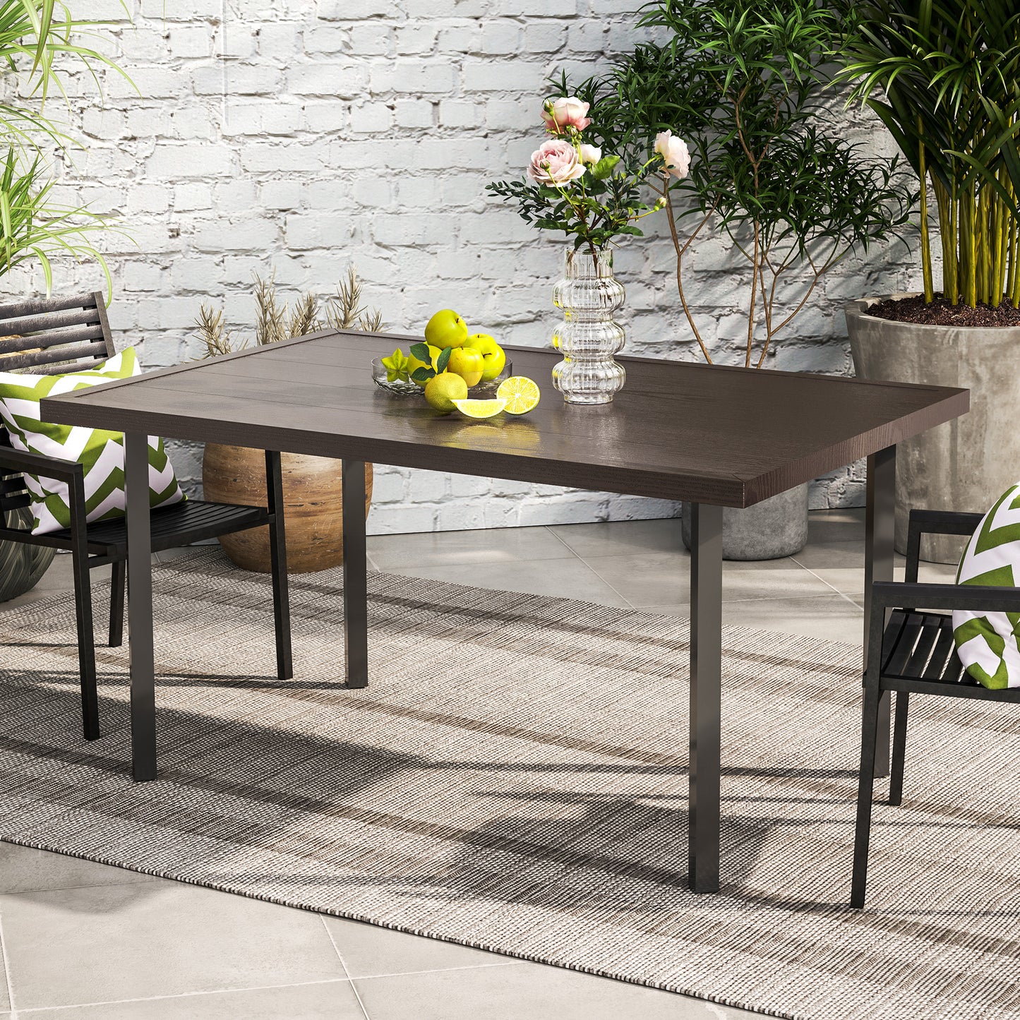 Outsunny Outdoor Dining Table with 5.3cm Umbrella Hole, Steel Patio Table for 6 People, Dark Brown