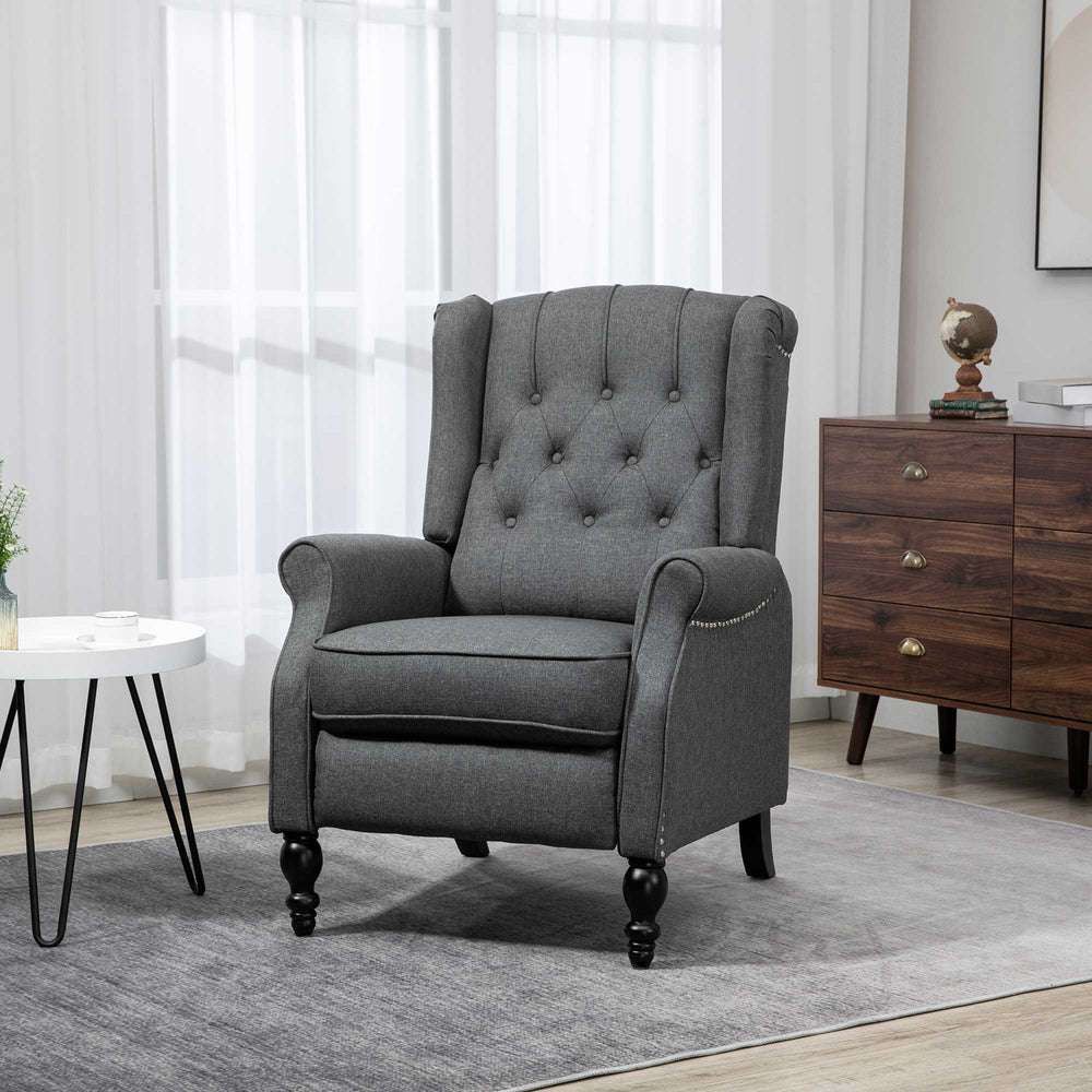 Fauteuil inclinable avec repose-pieds, capitonné et accoudoirs roulés, gris foncé