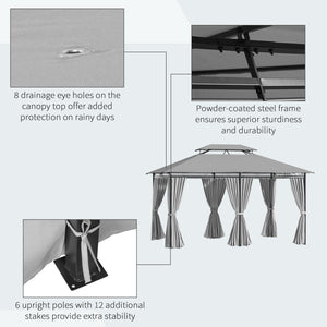 Gazebo 10' x 13', abri pare-soleil extérieur à 2 niveaux avec rideaux, gris foncé