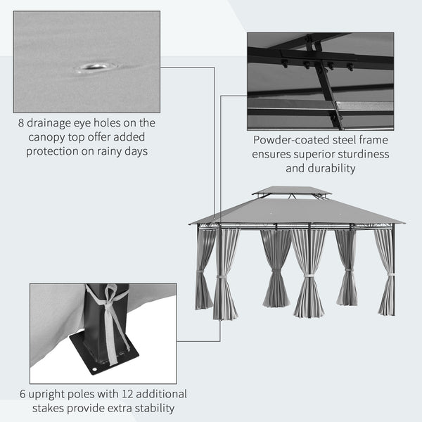 Gazebo 10' x 13', abri pare-soleil extérieur à 2 niveaux avec rideaux, gris foncé