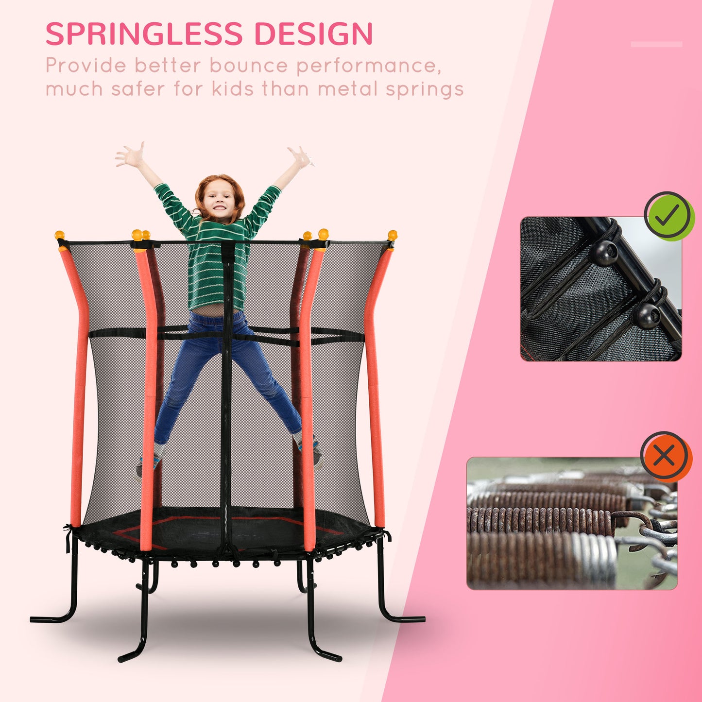 Soozier 64" Kids Trampoline, Indoor/Outdoor, with Enclosure Net, Thick Padded Bungee Pole, Gift for 3-10 Year Olds, Red