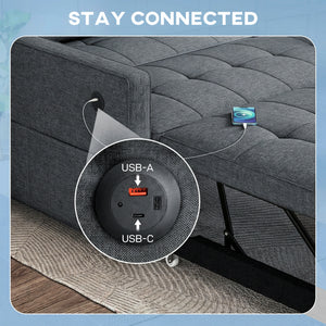 Canapé-lit gigogne deux places en lin avec ports USB, gris foncé