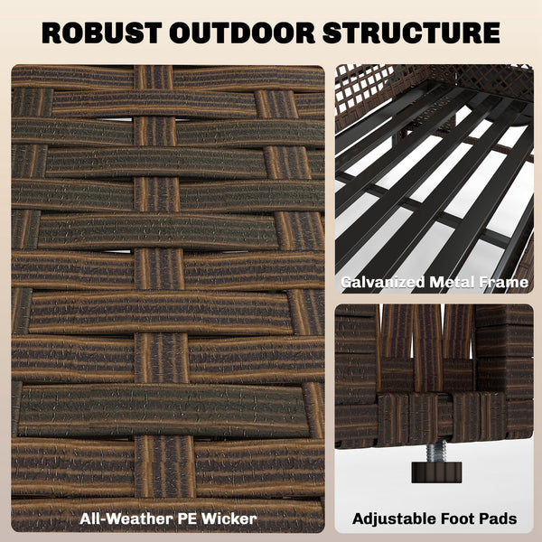 Double patio lounge chairs with cushions, PE wicker, adjustable backrest and side tables, brown/cream