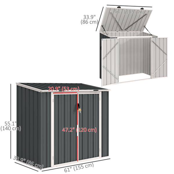 Garden shed with storage for a bin, double lockable door and hinged lid