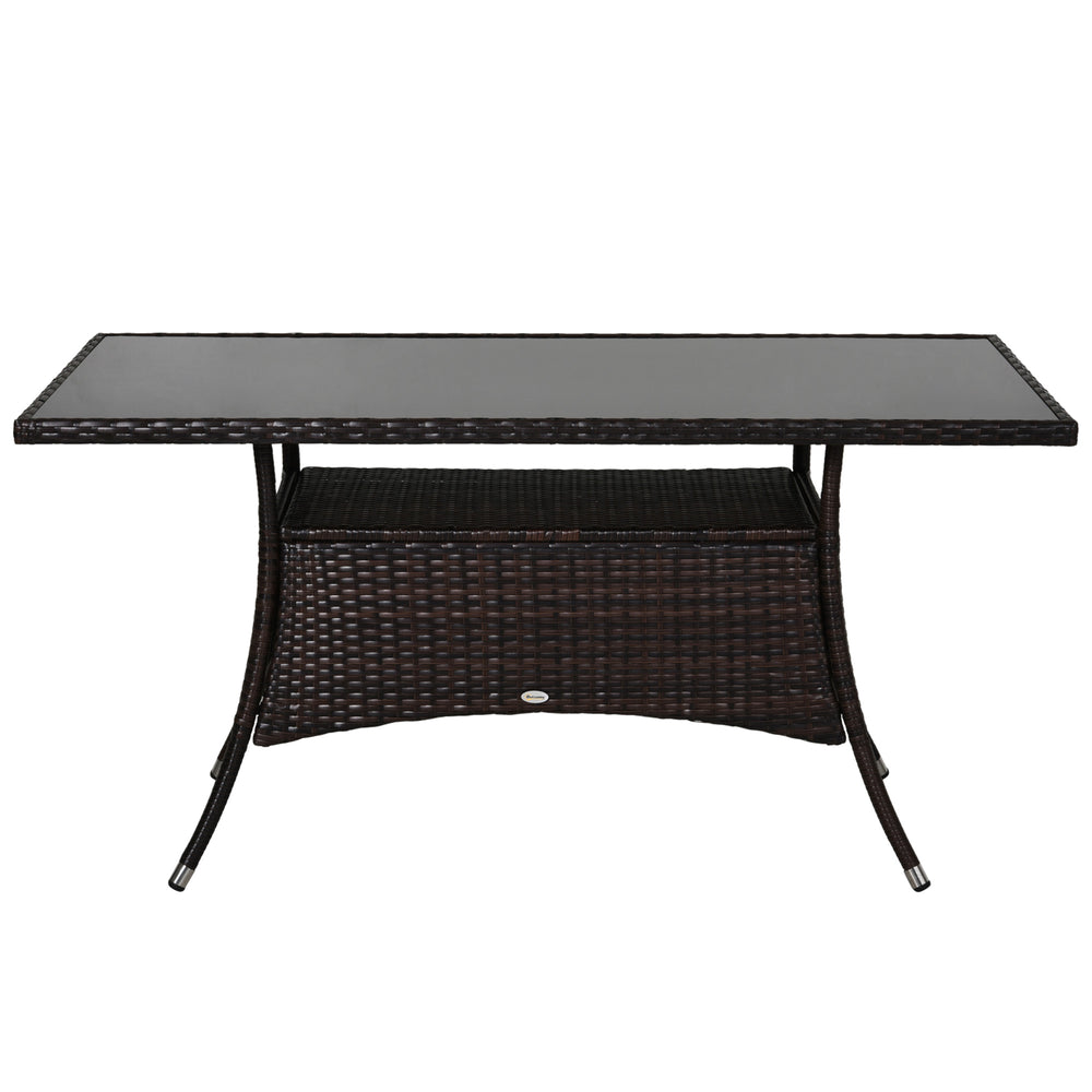 Table à manger en rotin marron avec plateau en verre trempé et étagère de rangement intégrée – mobilier de jardin élégant et fonctionnel