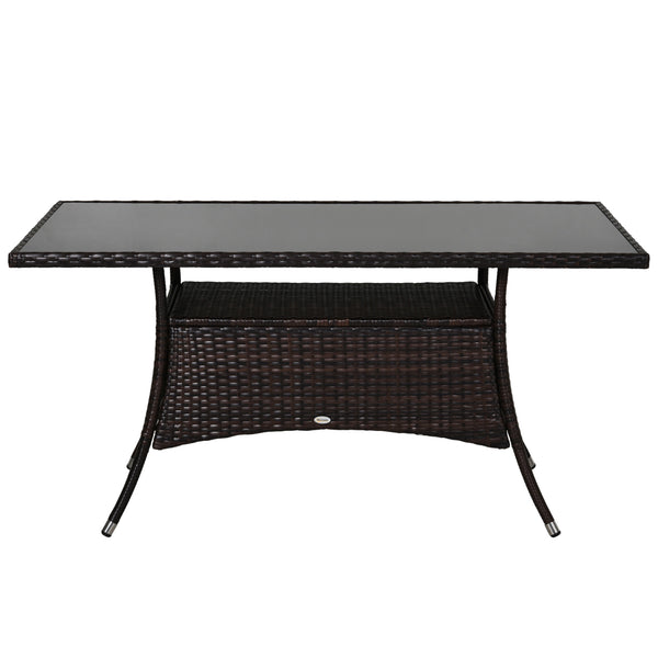 Table à manger en rotin avec plateau en verre et étagère de rangement, marron