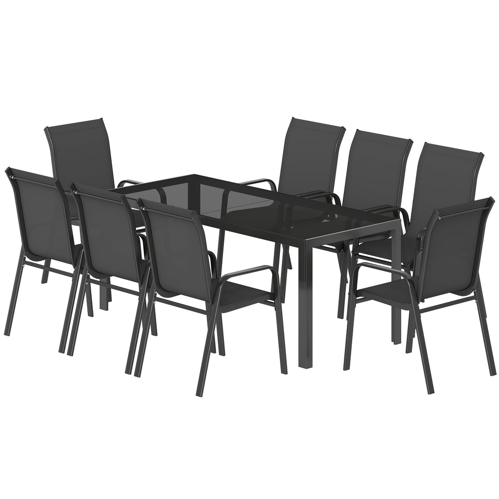 Ensemble de patio 9 pièces, chaises empilables avec plateau en verre pour jardin, terrasse, cour, noir