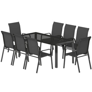 Ensemble de patio 9 pièces, chaises empilables avec plateau en verre pour jardin, terrasse, cour, noir