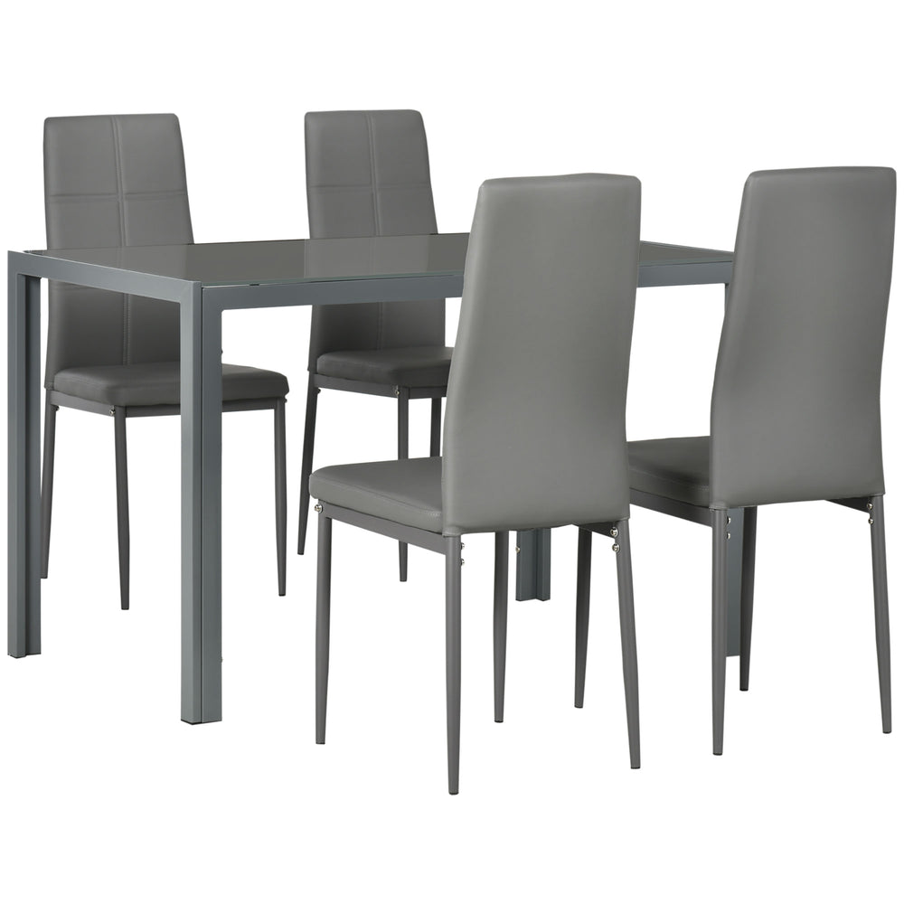 Ensemble tables et chaises de cuisine rectangulaires en verre avec structure en métal et revêtement en similicuir pour salle à manger, gris