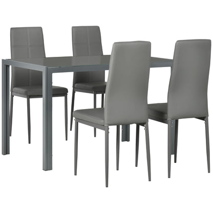 Ensemble tables et chaises de cuisine rectangulaires en verre avec structure en métal et revêtement en similicuir pour salle à manger, gris