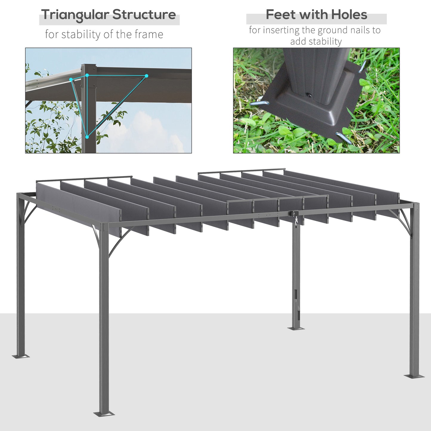 Pergola d'extérieur 12,8' x 9,7' avec toit rétractable en aluminium, gris