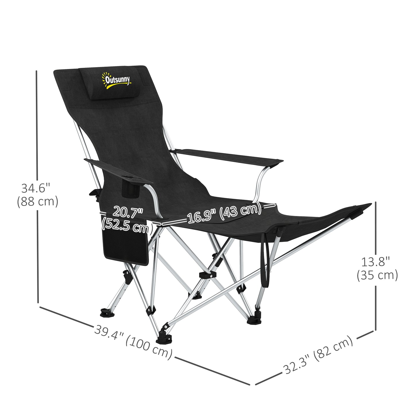 Outsunny Lot de 2 chaises de camping inclinables avec repose-pieds, chaise de camping pliante avec appui-tête, porte-gobelet, sac de rangement, noir