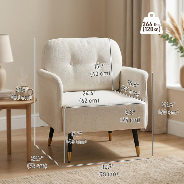 Modern Upholstered Accent Chair with Metal Legs, Cream White