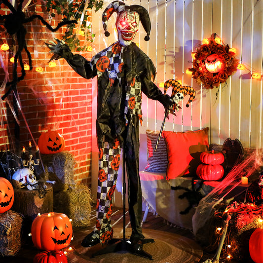 Clown animé grandeur nature, yeux rouges lumineux, décorations d'Halloween effrayantes activées par le son