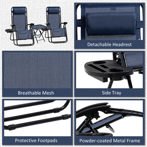 Ensemble de 2 chaises de patio Zero Gravity avec table d'appoint, porte-gobelets et coussins pour piscine, jardin, pelouse, plage, bleu
