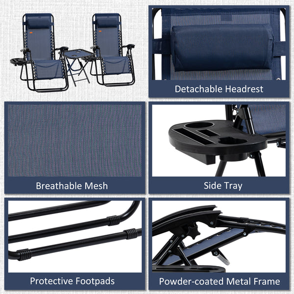 Ensemble de 2 chaises de patio Zero Gravity avec table d'appoint, porte-gobelets et coussins pour piscine, jardin, pelouse, plage, bleu