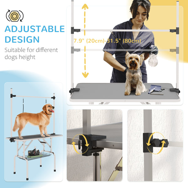 Adjustable Pet Grooming Table with 2 Safety Straps and Storage Basket, Gray