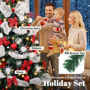 6ft Prelit Christmas Tree Spruce, Remote, Hinged, Artificial Xmas Tree with 8 Modes, 800 Tips, 200 LEDs, Green Red