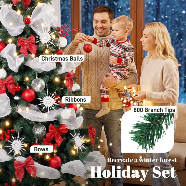6ft Prelit Christmas Tree Spruce, Remote, Hinged, Artificial Xmas Tree with 8 Modes, 800 Tips, 200 LEDs, Green Red