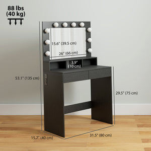 Coiffeuse avec miroir à éclairage LED, station de charge et tiroirs, noire