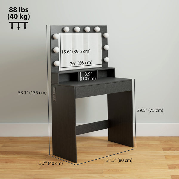 Coiffeuse avec miroir à éclairage LED, station de charge et tiroirs, noire