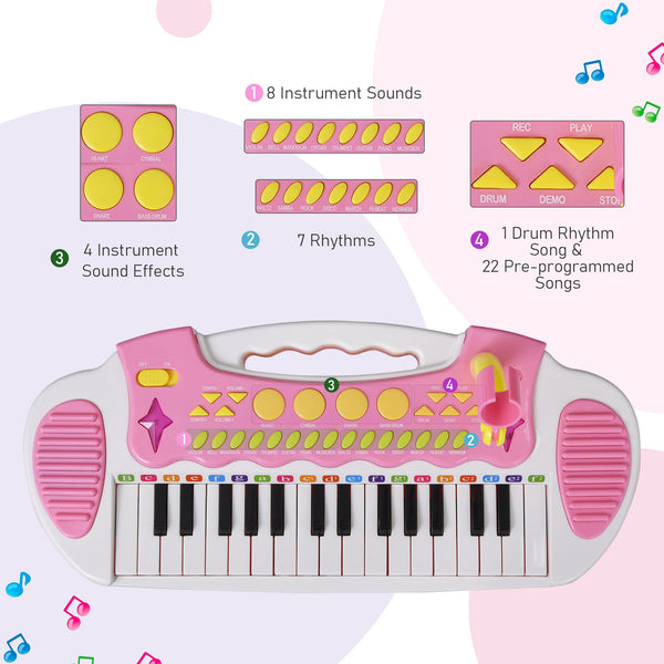 Piano-clavier avec tabouret, microphone fonctionnel et lampe de poche lumineuse, rose