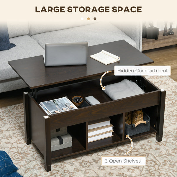 Table basse relevable avec compartiment de rangement dissimulé, 3 étagères inférieures, expresso