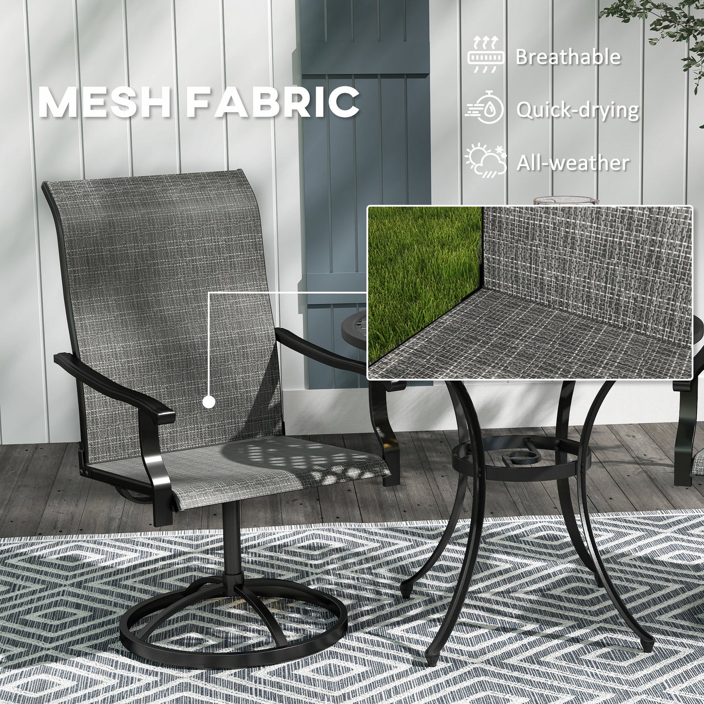 Lot de 2 chaises de salle à manger pivotantes d'extérieur, dossier haut et filet toutes saisons, gris