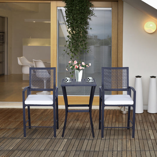 Ensemble de bar d'extérieur 3 pièces en osier, table de bar et chaises hautes de style rotin avec coussins, blanc crème