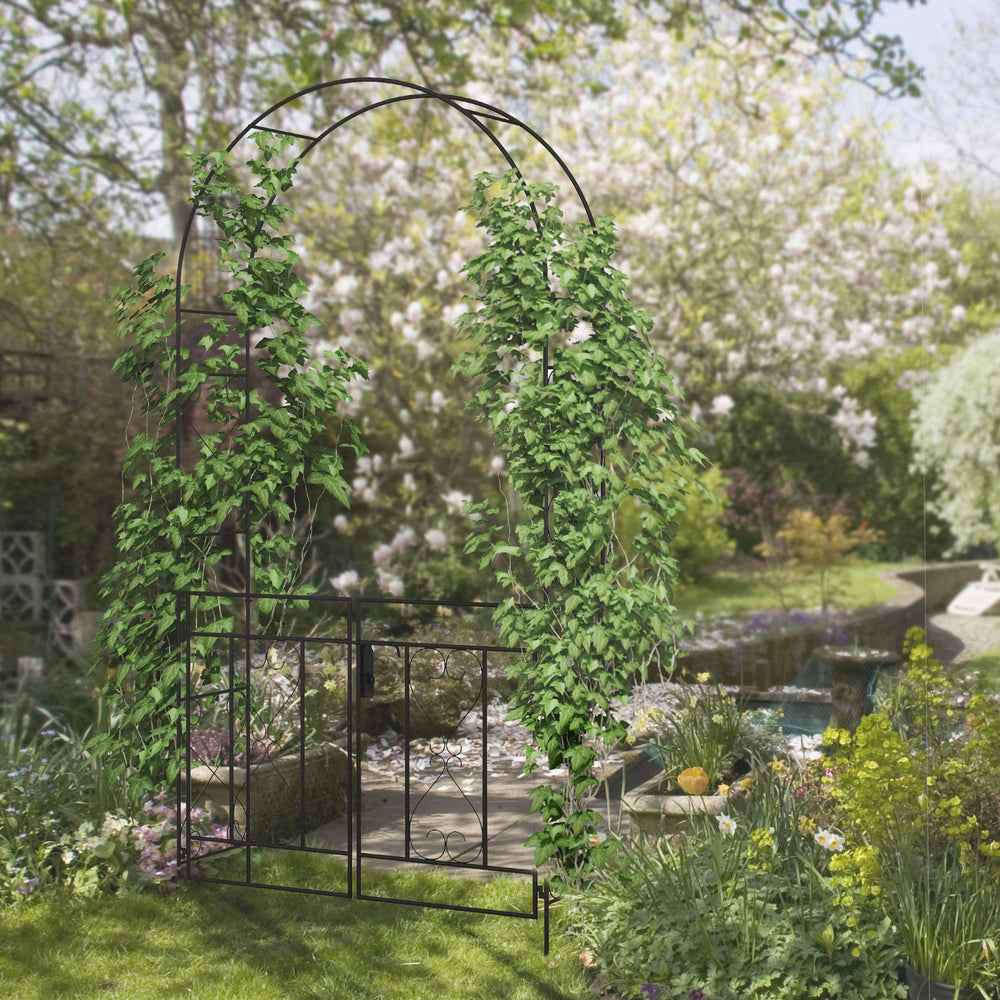 Arche de jardin en métal avec portillon, treillis pour plantes grimpantes, noire