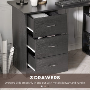 Bureau avec étagères de rangement à 3 niveaux avec tiroirs, noir