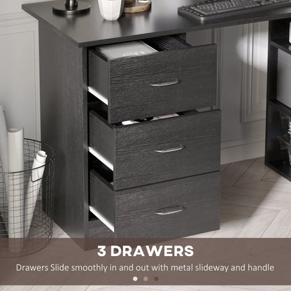Bureau avec étagères de rangement à 3 niveaux avec tiroirs, noir