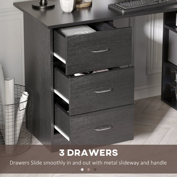 Bureau avec étagères de rangement à 3 niveaux avec tiroirs, noir