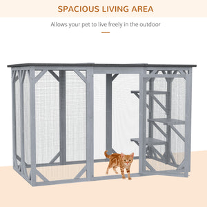 Wooden Cat Cage with Waterproof Roof, Multi-Level Platforms, Lockable, Grey