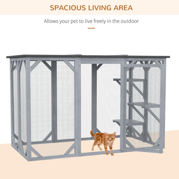 Wooden Cat Cage with Waterproof Roof, Multi-Level Platforms, Lockable, Grey