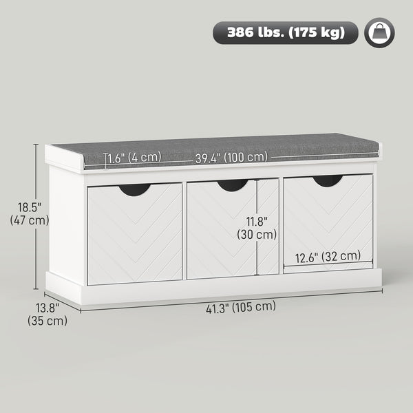Entryway bench with 3 removable drawers and padded seat cushion, white