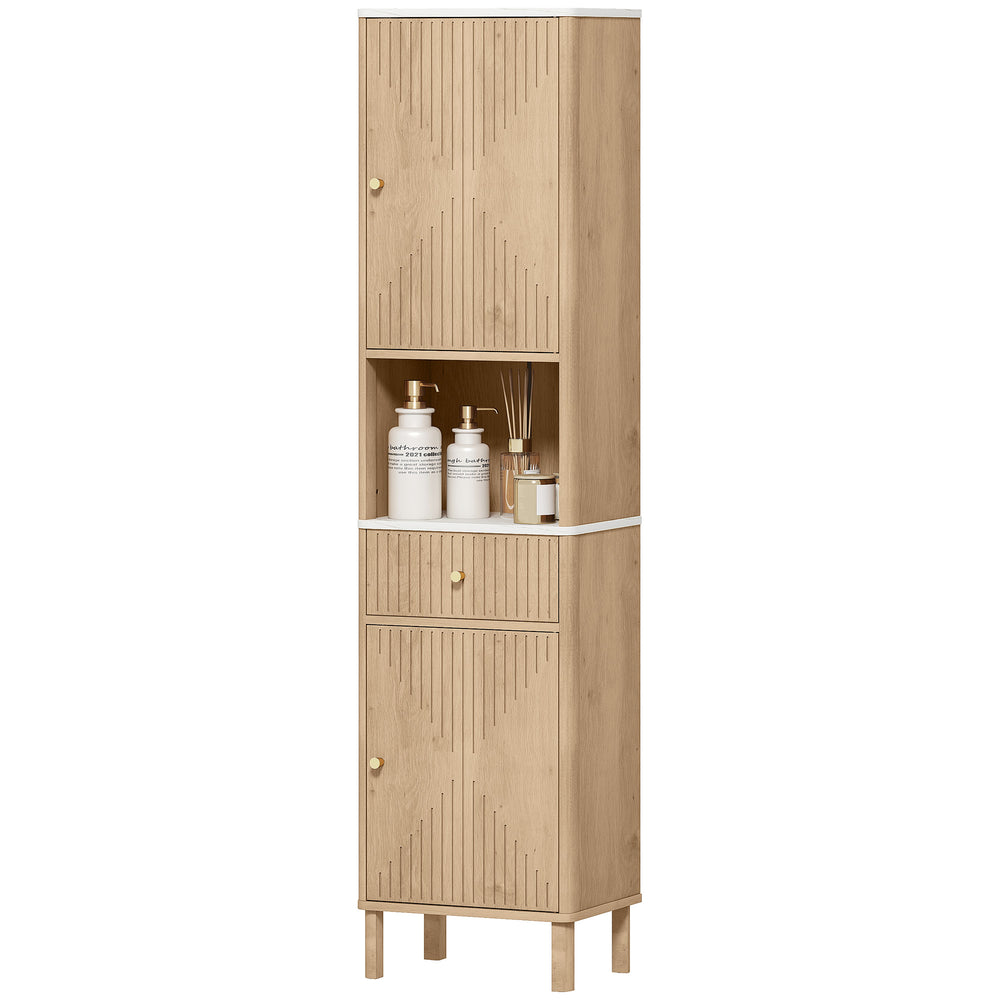 Oak-effect tall bathroom cabinet with 2 cupboards, drawer and open shelf, Oak effect