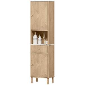 Armoire haute de salle de bain effet chêne avec 2 armoires, tiroir et tablette ouverte, Effet chêne