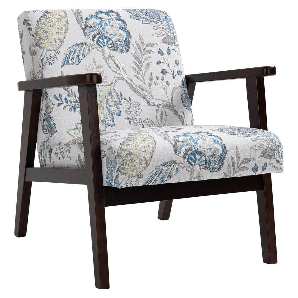 Fauteuil rétro en tissu avec accoudoirs en bois, motif floral