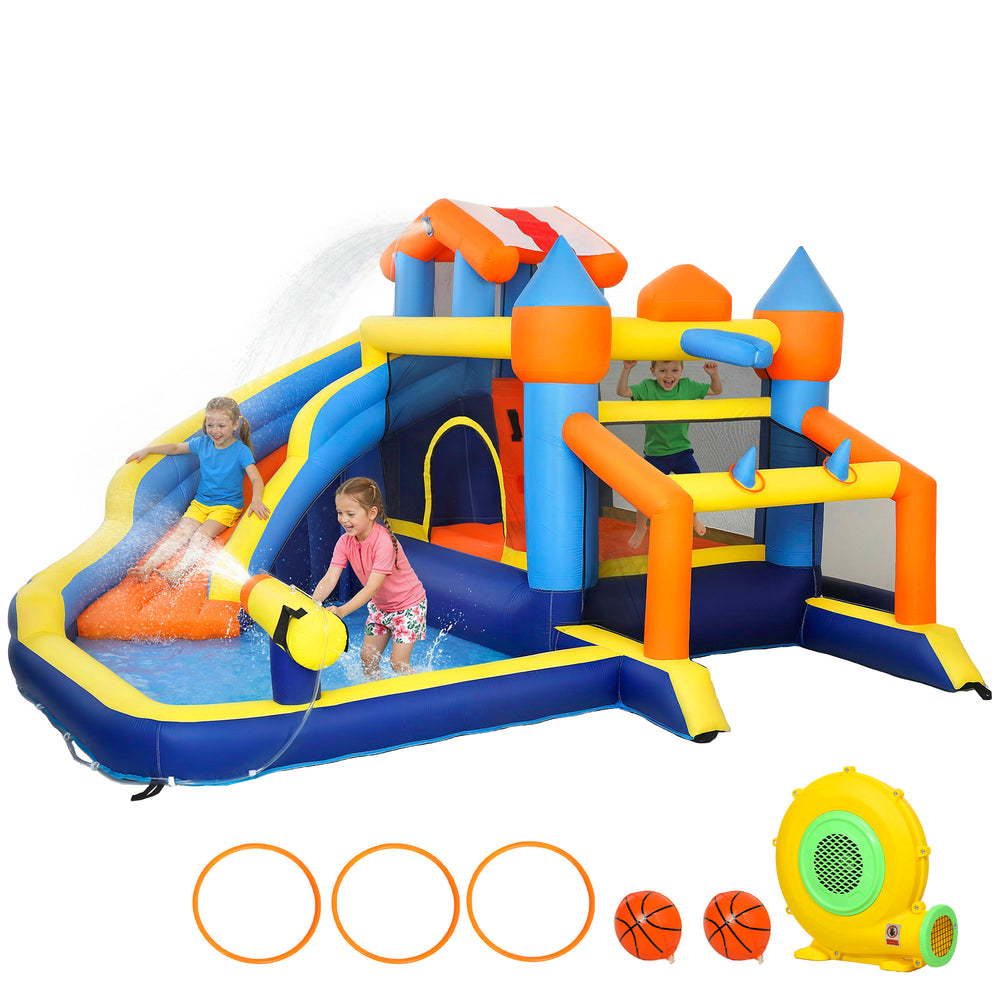 Inflatable bouncy castle for children with slide, ball pit, climbing wall and blower