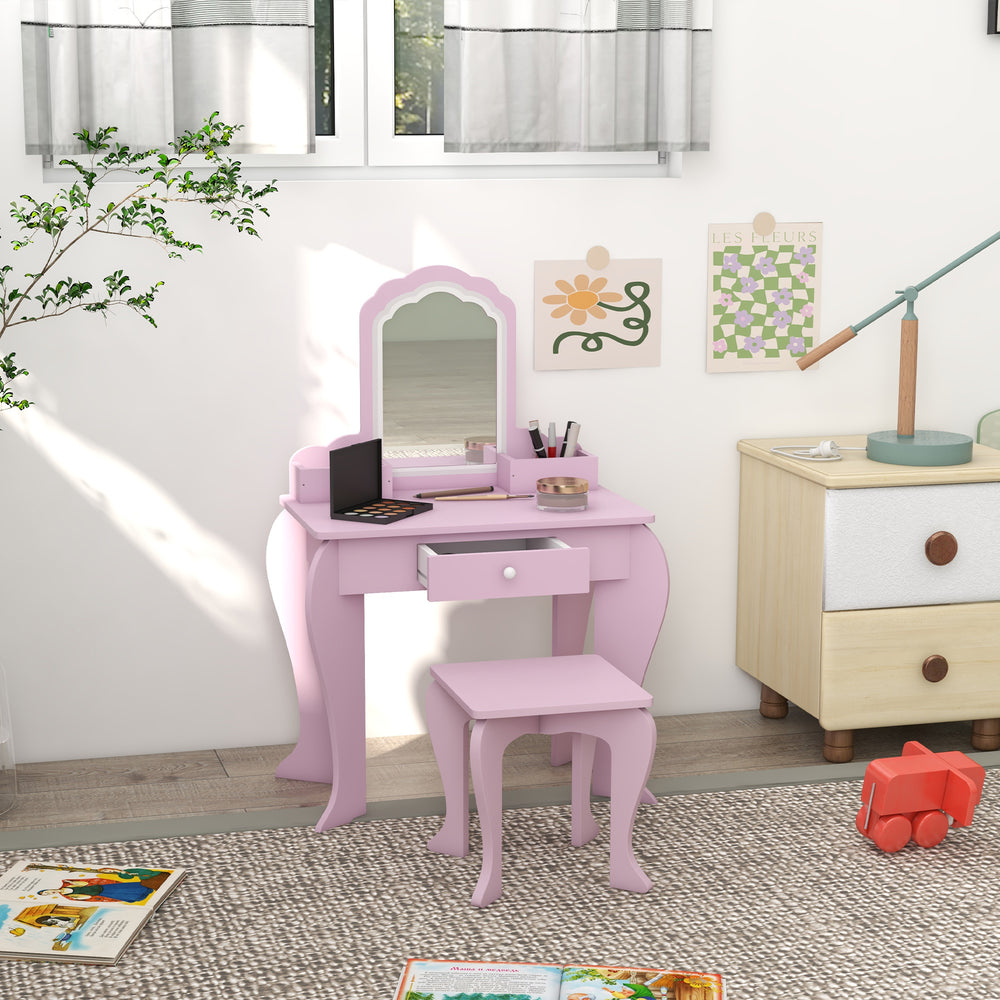 Coiffeuse avec miroir et tabouret, tiroir et rangements -  rose