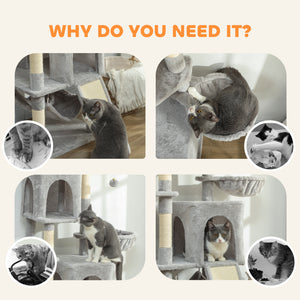 178cm Multi-Level Cat Tree with 2 Cabins, 2 Beds, Hammock, Play Balls, Light Grey