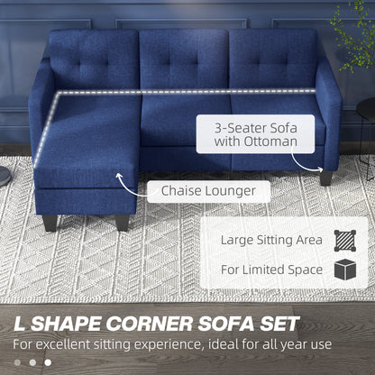 HOMCOM L-Shaped Corner Sofa, 3 Seater Sectional Sofa with Ottoman, Thick Cushion and Wooden Legs, Dark Blue