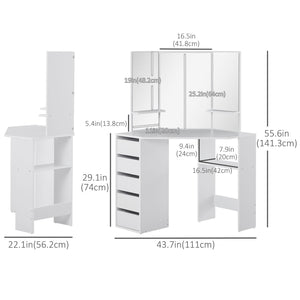 Coiffeuse d'angle avec miroir 3 pièces et 5 tiroirs, blanc