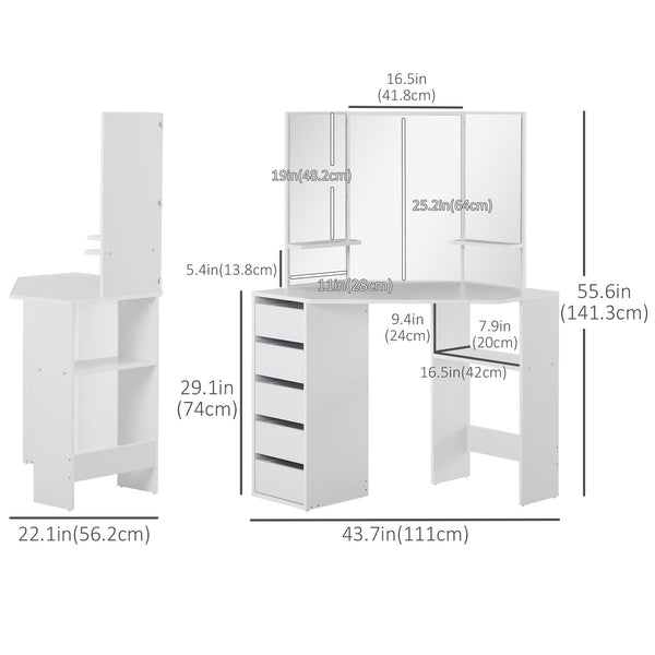Coiffeuse d'angle avec miroir 3 pièces et 5 tiroirs, blanc
