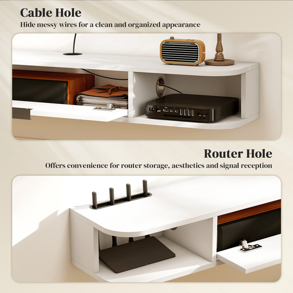 47" Floating Wall Mounted TV Stand with Drop-Down Drawer and 2 Open Shelves, White