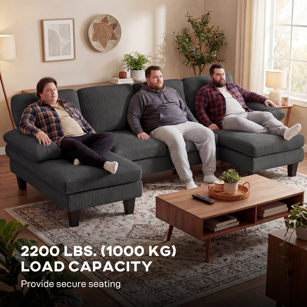 Sectional Sofa, U Shaped Couch with Double Chaise, Pillow-top Armrests and Spring Cushions, 2200lb Capacity, Dark Grey