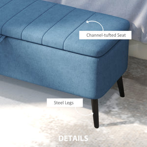 Pouf avec rangement rembourré en lin avec pieds en acier, bleu foncé